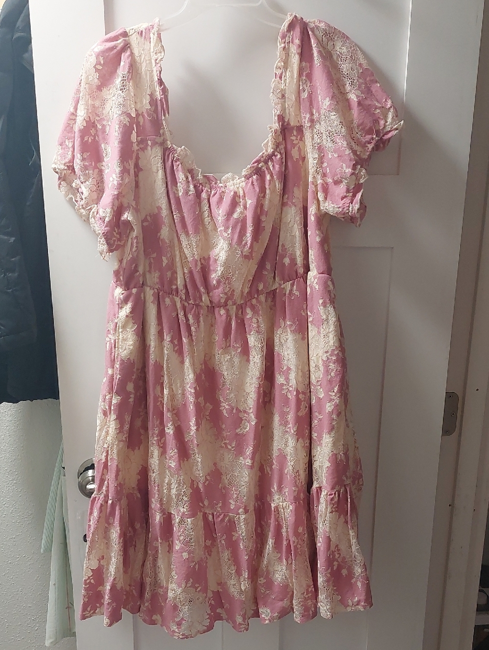 Super Cute Pink and Cream Floral Puff Sleeve Dress